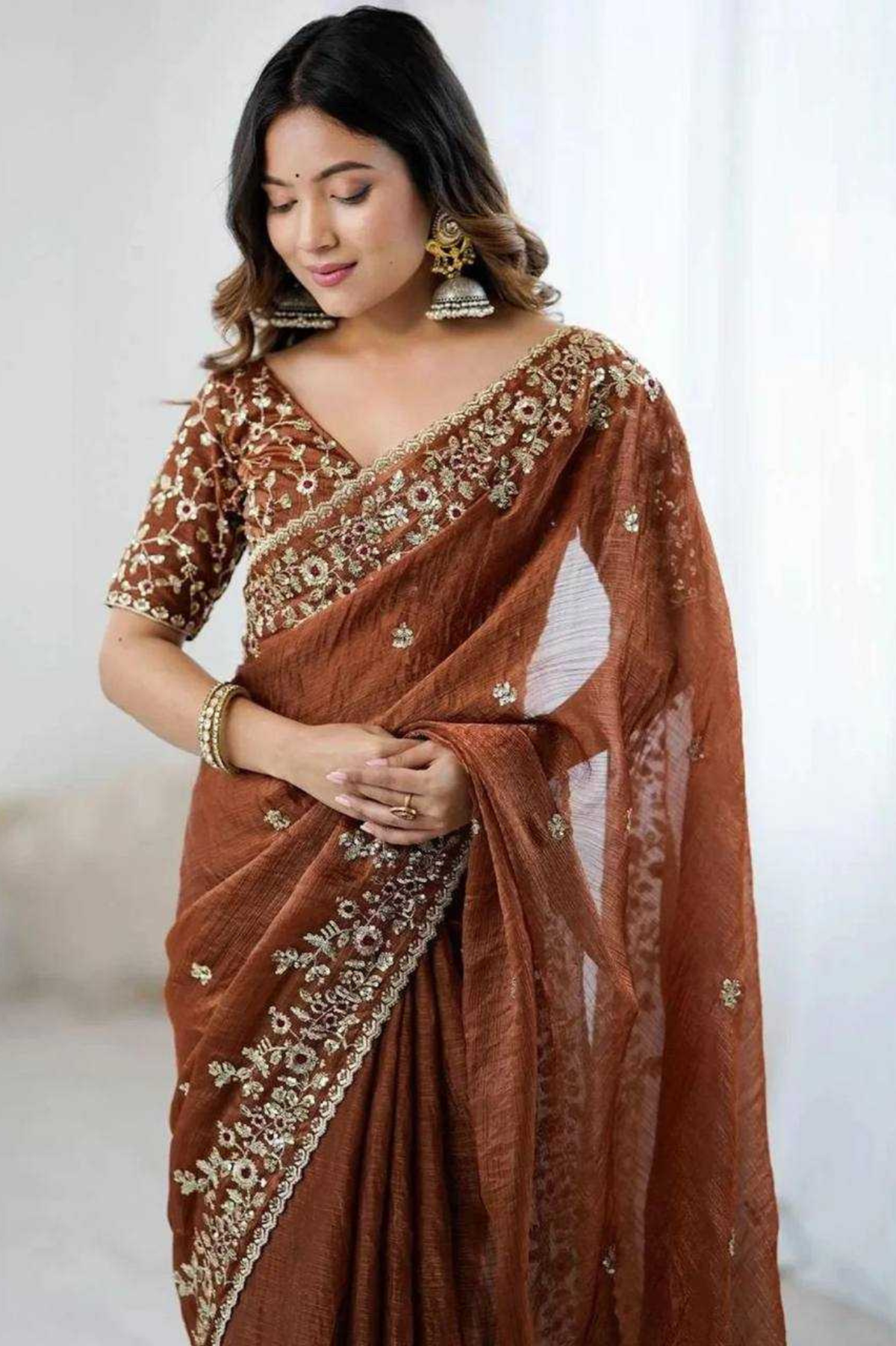 Soft Fendy Chiffon Saree with Heavy Sequin & Thread Embroidery + Scallop Border