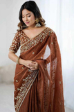 Soft Fendy Chiffon Saree with Heavy Sequin & Thread Embroidery + Scallop Border