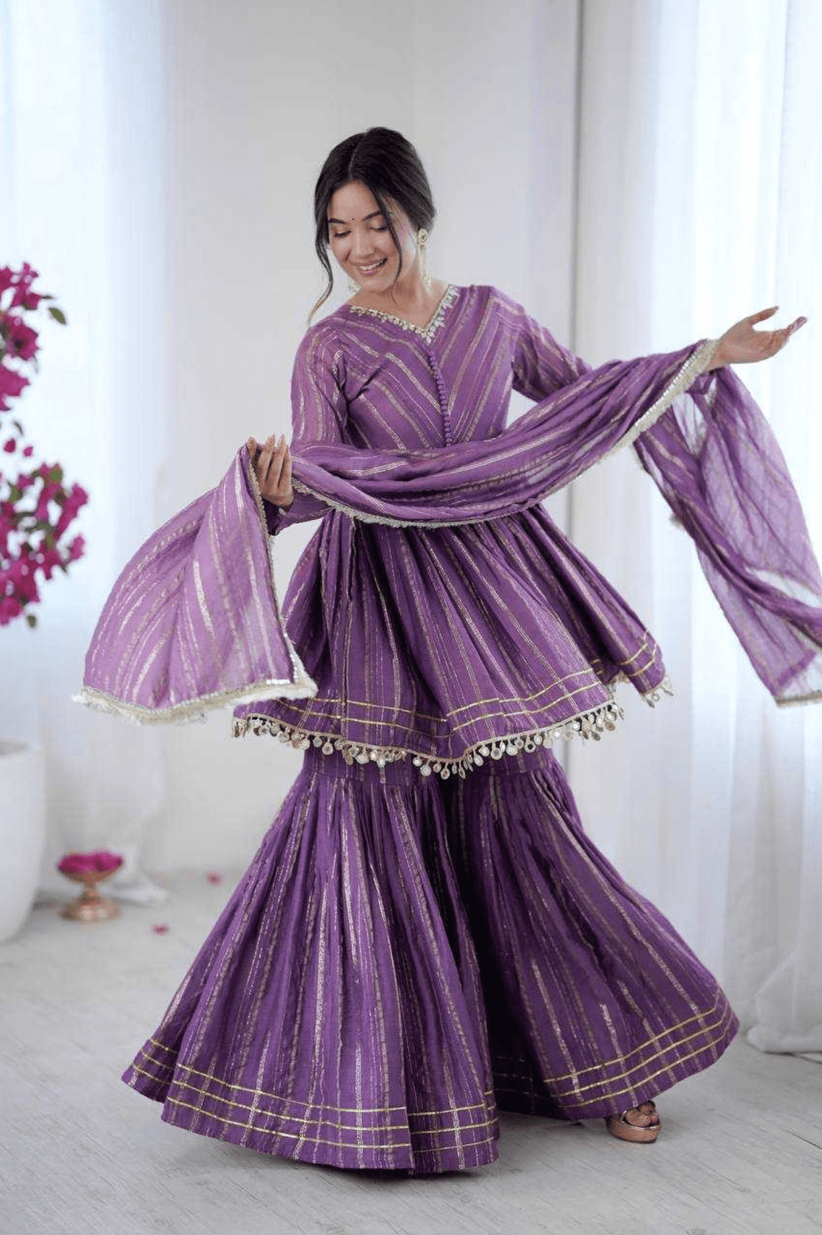 Purple Mal Chanderi Mirror Work Sharara Palazzo Set - kavyo.in