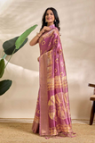Mauve Soft Silk Blend Saree with Golden Tie-Dye & Zari Border