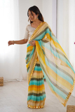 Yellow Heavy Smooth Marble Chiffon Leriya Print Saree with Zari Work & Mirror Border