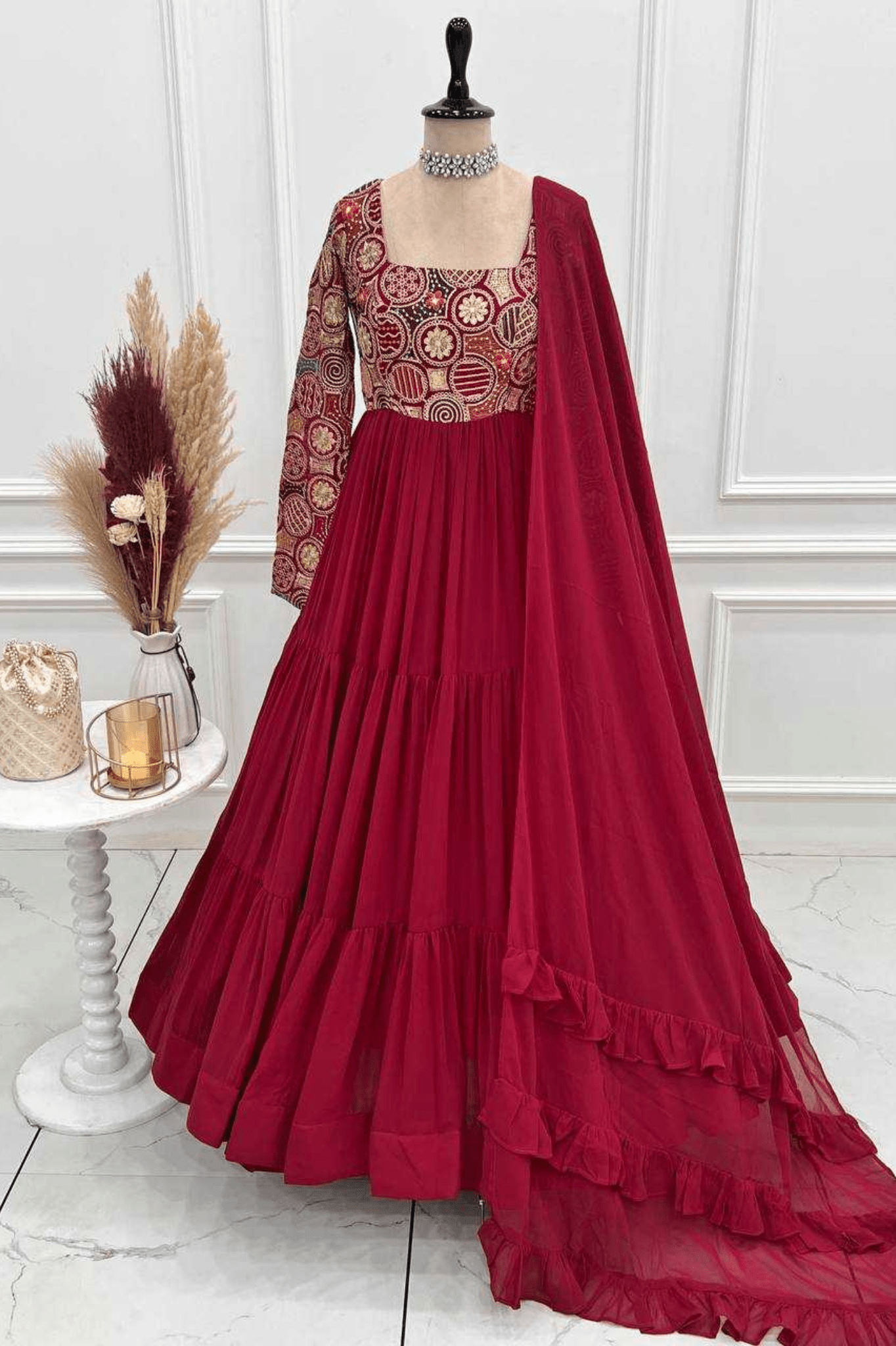 Regal Maroon Fox Georgette Heavy Flare Anarkali Gown Set - kavyo.in