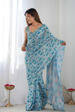 Aqua Blue Printed Heavy Chinnon Saree with Mirror Lace Detailing