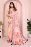 Peach Linen Cotton Floral Printed Saree with Striped Border & Tassels