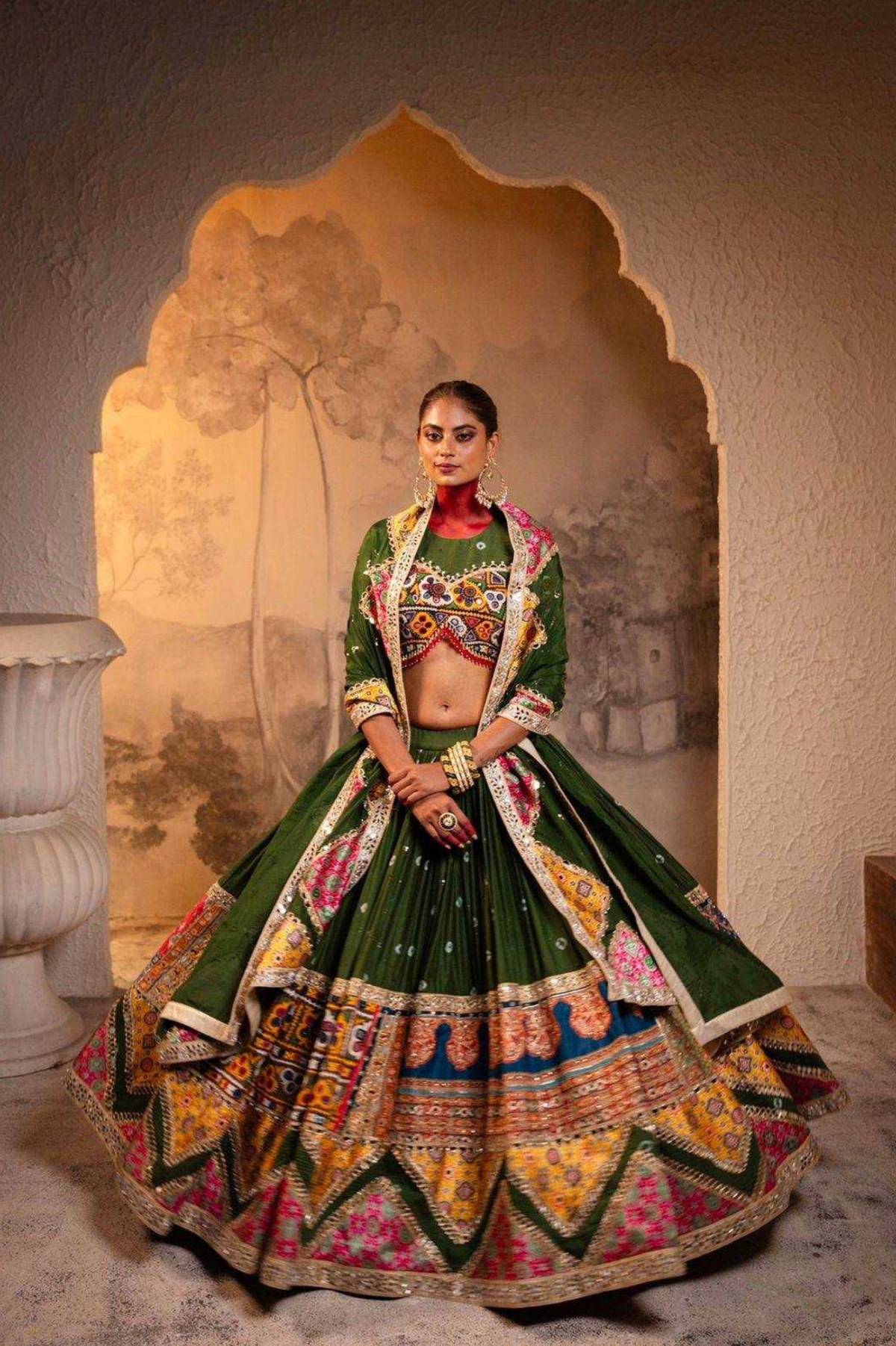 Emerald Green Muslin Cotton Mirror Work Lehenga Set