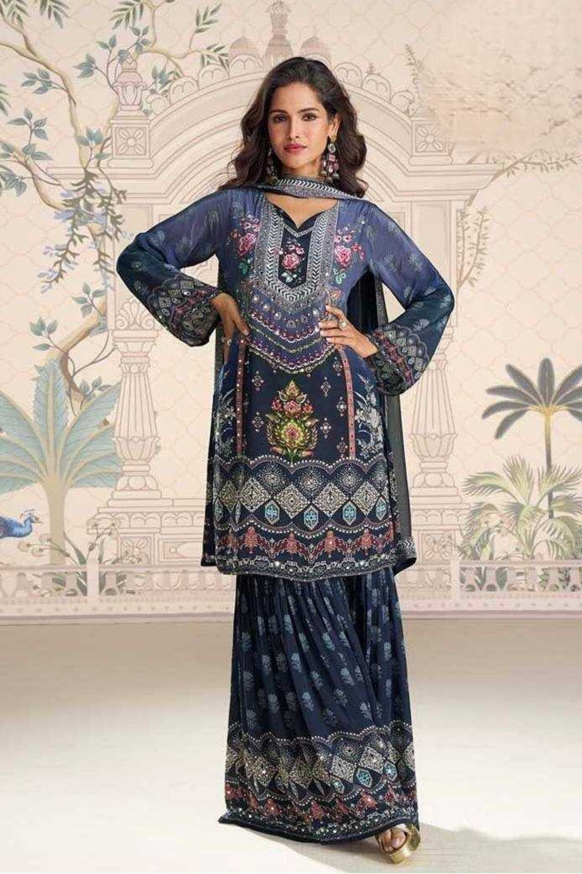 Midnight Royalty – Chinon Silk Kurti Sharara Set