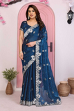 Royal Blue Fendy Chiffon Silk Embroidered Saree with Blouse Piece
