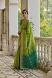 Green Soft Desi Raw Silk Saree with Pochampally Ikkat Concept & Zari Weaving Border