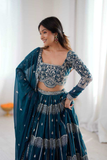 Teal Blue Faux Georgette Embroidered Lehenga Choli Set with Dupatta