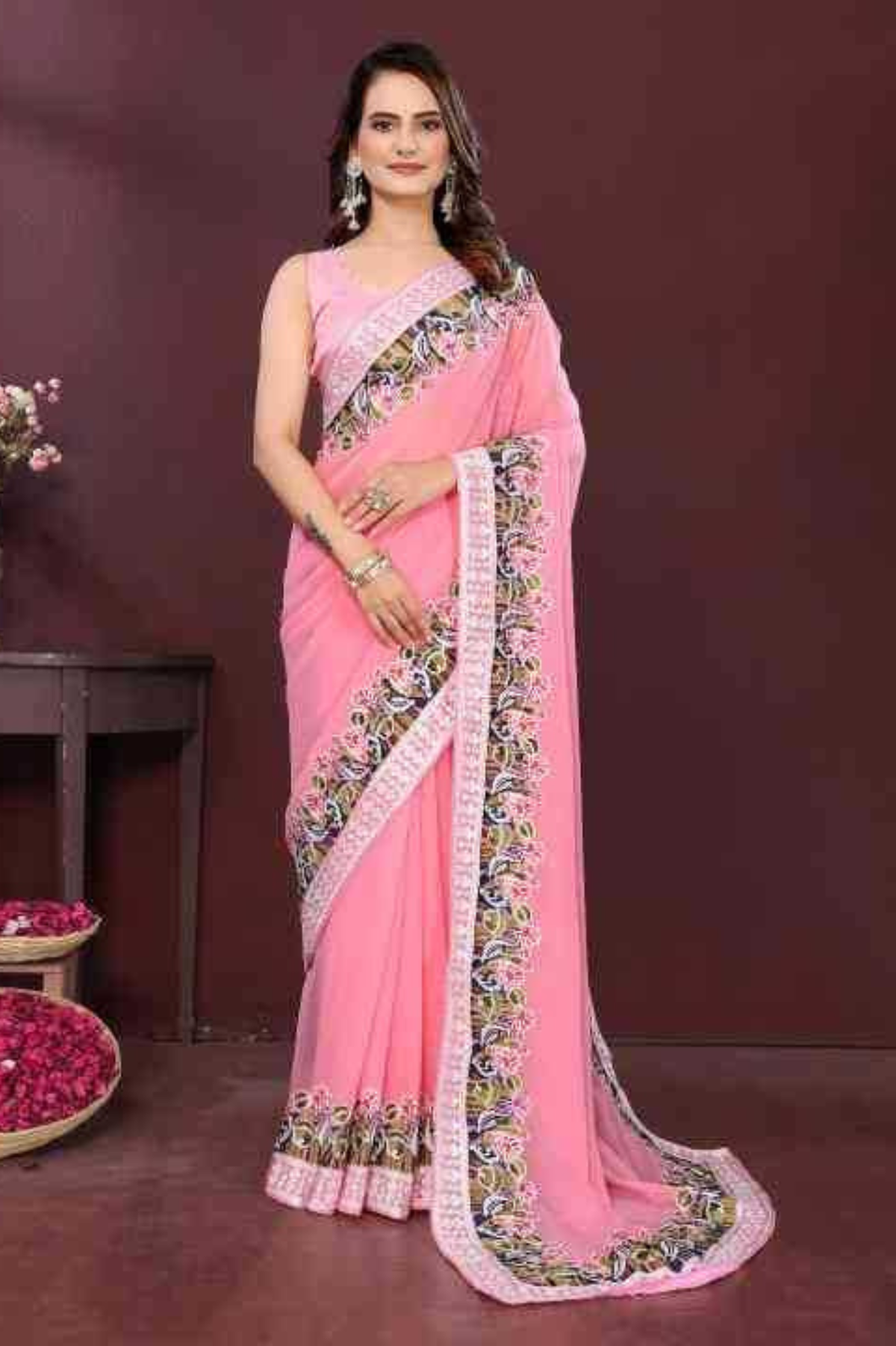 Soft Pink Georgette Saree with Embroidery Cutwork Lace Border