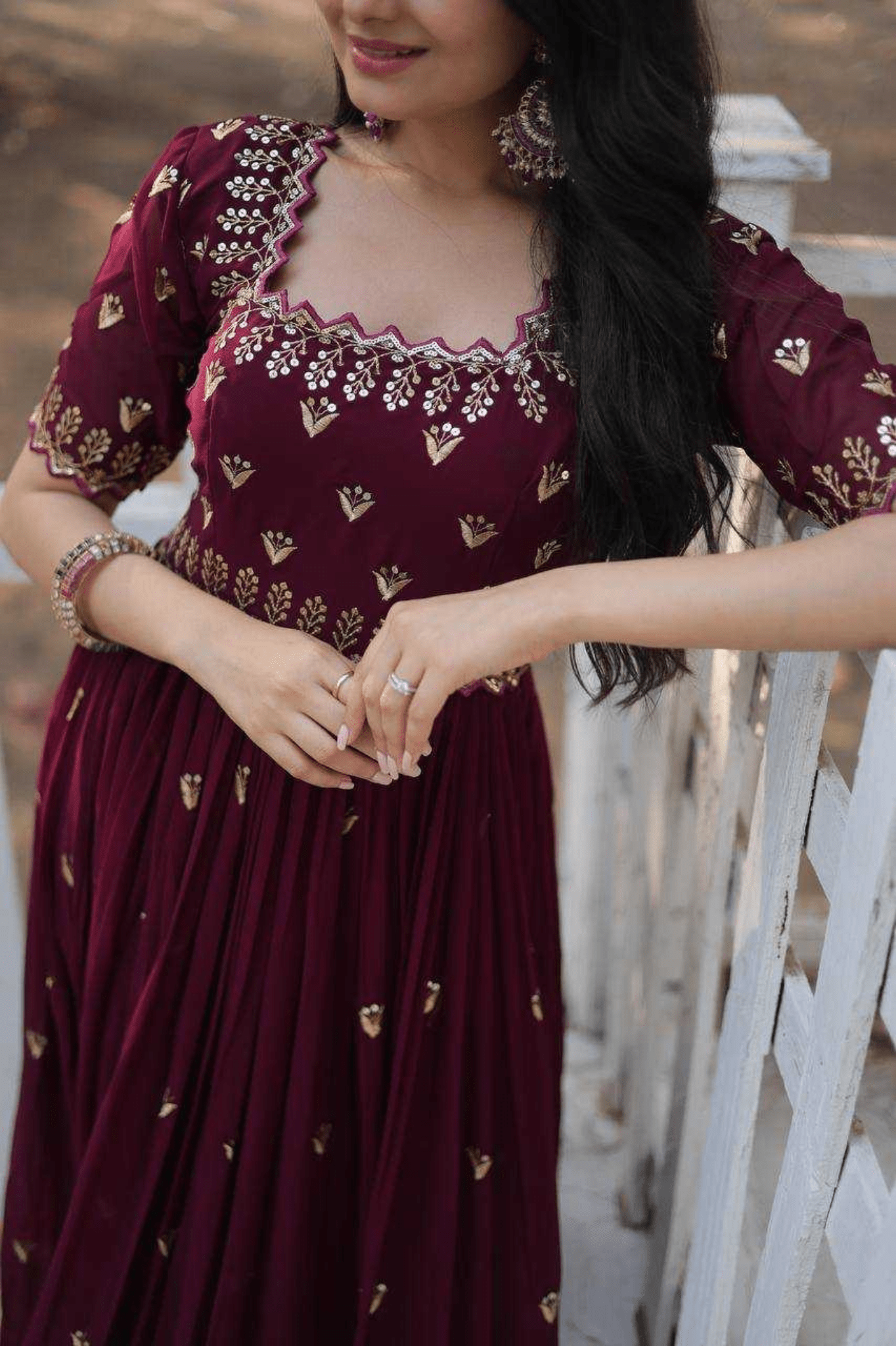 Wine Georgette Blooming Anarkali Gown with Zari & Sequins - kavyo.in