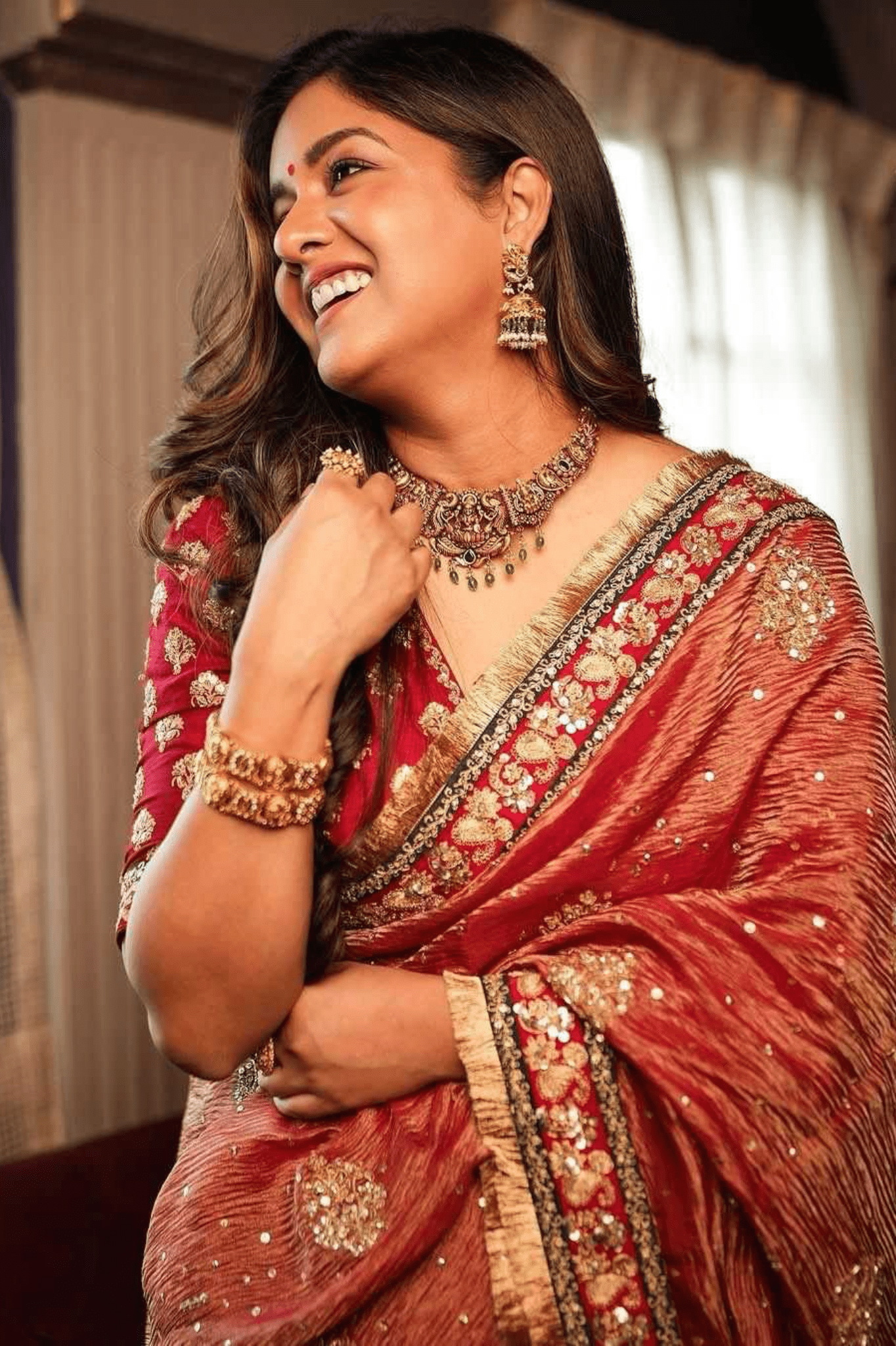 Rani Ember Heavy Banarasi Crush Silk Saree with Embroidered Sequin Blouse - kavyo.in