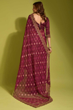 Wine Georgette Chiffon Saree with Floral Foil Print and Embroidered Lace Border