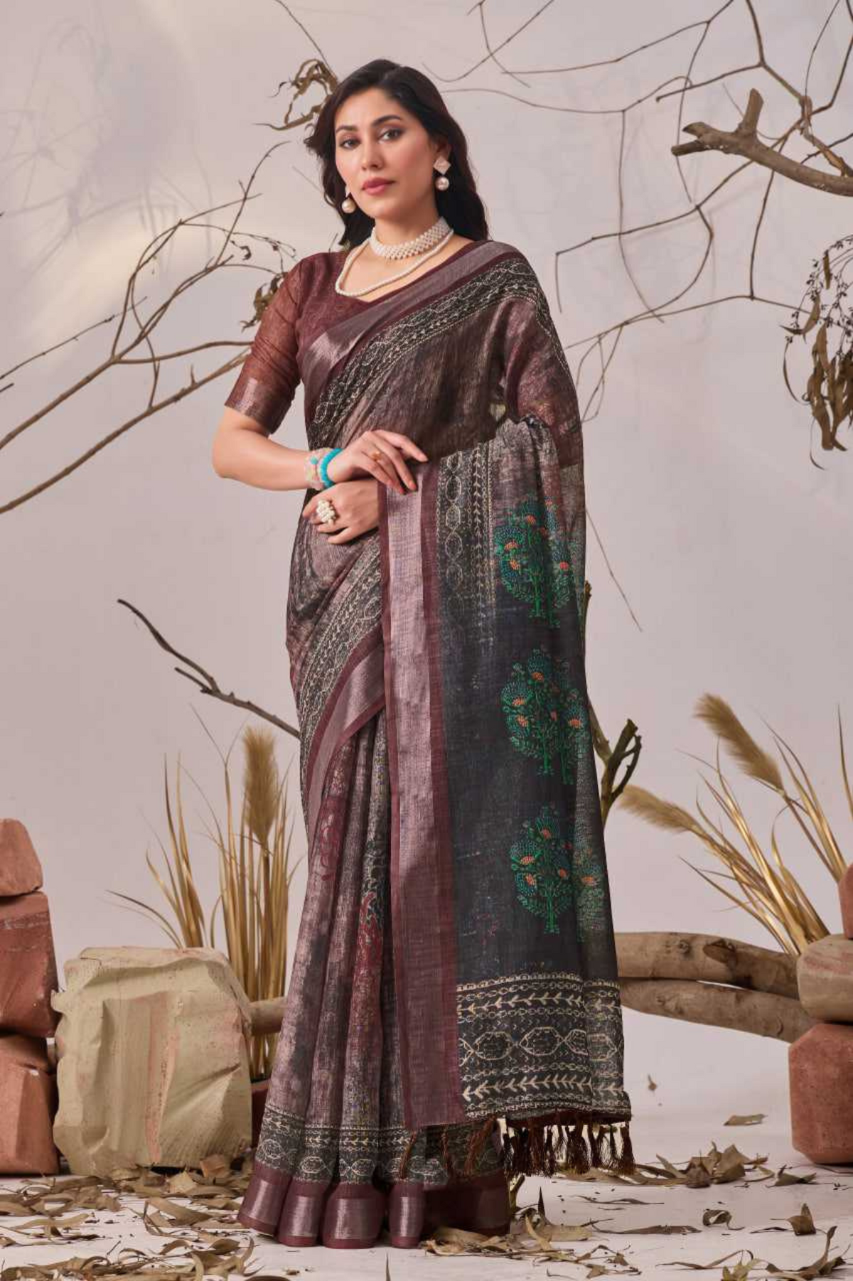 Linen Cotton Saree with Floral Digital Print & Contrast Border