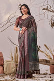 Linen Cotton Saree with Floral Digital Print & Contrast Border