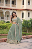 Sea Green Faux Georgette Zari & Sequins Embroidered Lehenga Set