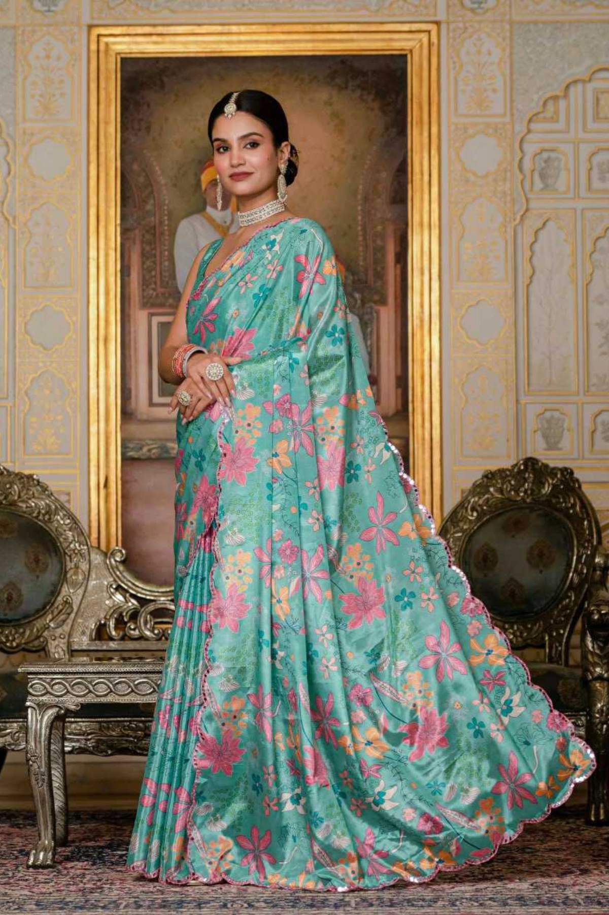 Heavy Chinnon Printed Saree with Kutchi Work & Mirror Lace Border