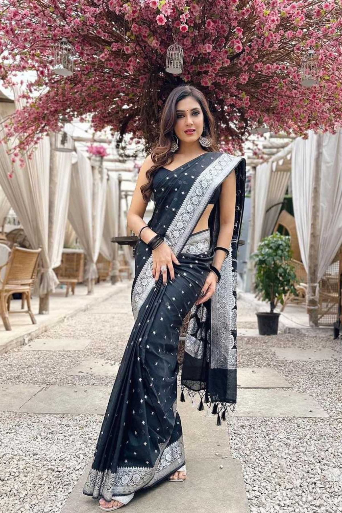 Black Silver Banarasi Soft Silk Silver Zari Woven Saree