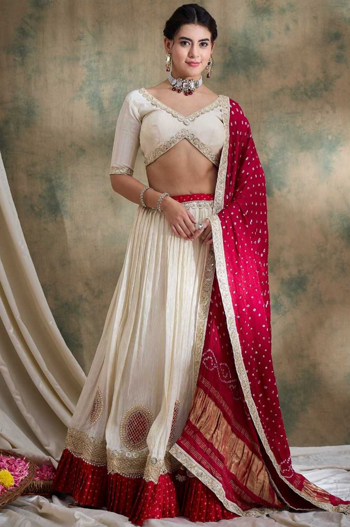 Ivory & Red Pure Viscose Tissue Bridal Lehenga Set