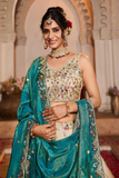 Designer Tissue Embroidered Lehenga Choli with Matching Dupatta – Cream & Teal