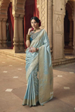 Sky Blue Kira Kaya Pure Satin Fancy Saree