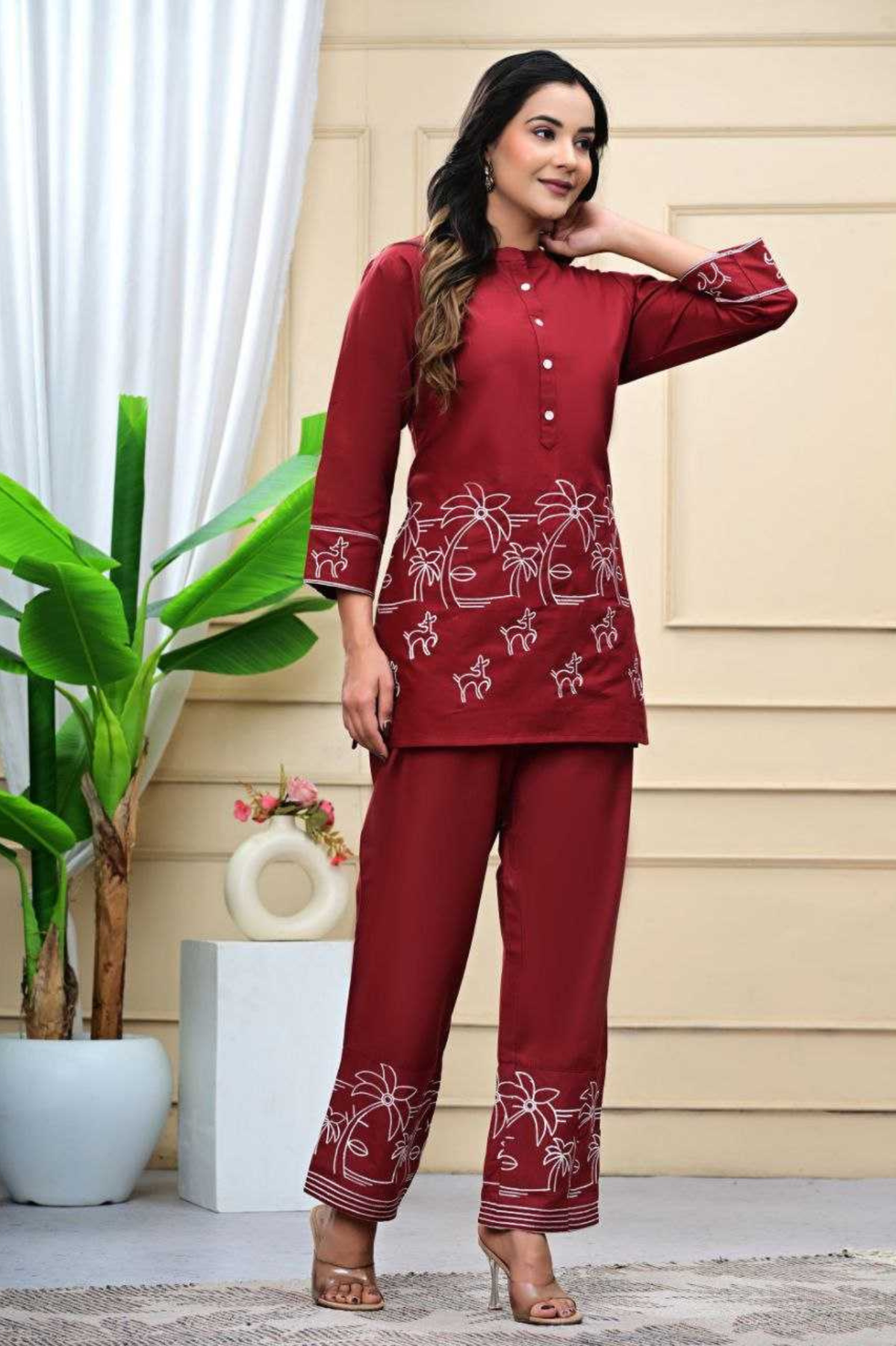 Ladybook Red Grace – Embroidered Kurti Pant Set for Office & Daily Wear