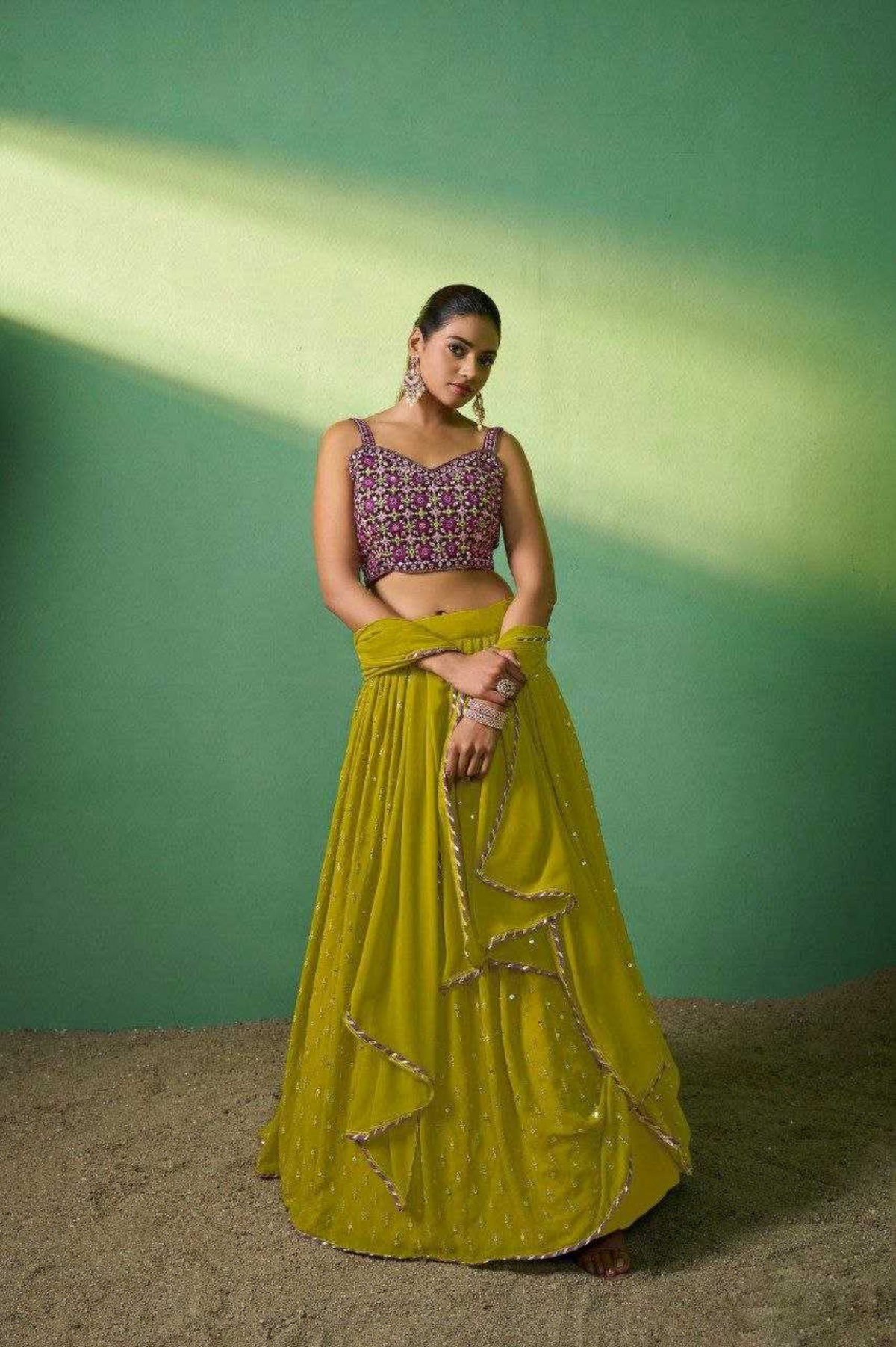 Lime Green Georgette Lehenga with Embroidered Blouse & Dupatta