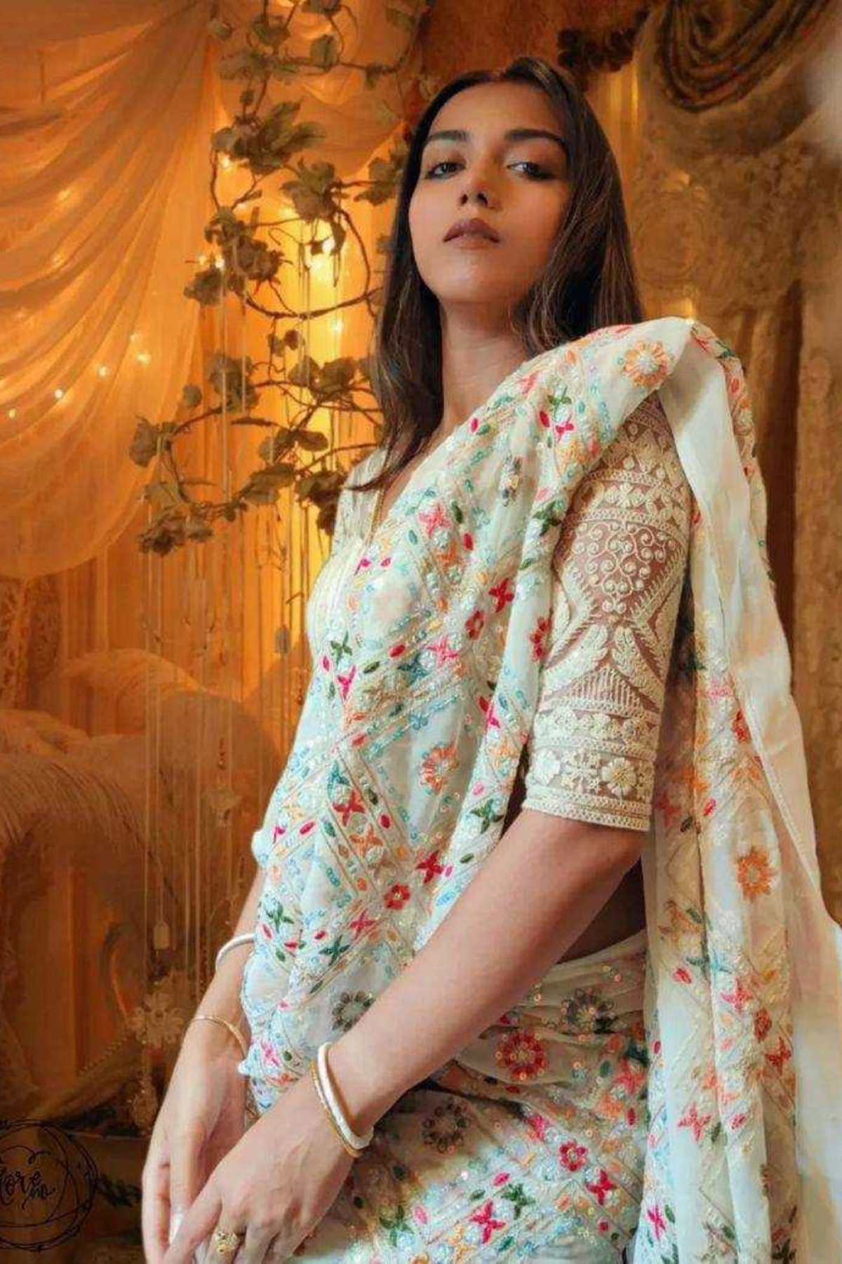 Soft Georgette Saree with Multicolor Embroidery & Sequins Detailing