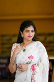 Elegant White Linen Saree with Floral Digital Print & Tassel Detailing