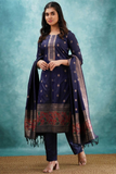 Navy Blue Art Silk Kurti Set with Woven Dupatta