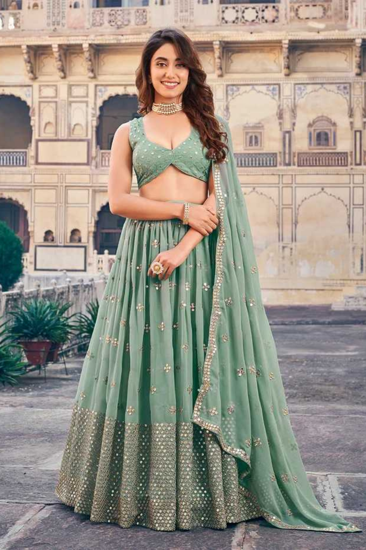Pastel Green Georgette Lehenga with Matching Blouse & Dupatta