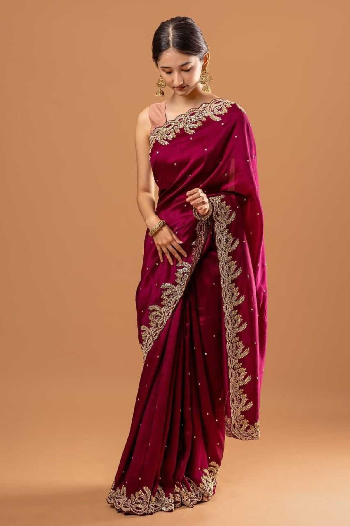 Maroon Heavy Rangoli Silk Saree with Rivet & Zari Embroidery Cutwork Border