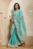 Soft Moss Chiffon Saree with Embroidered Aari Cutwork Border