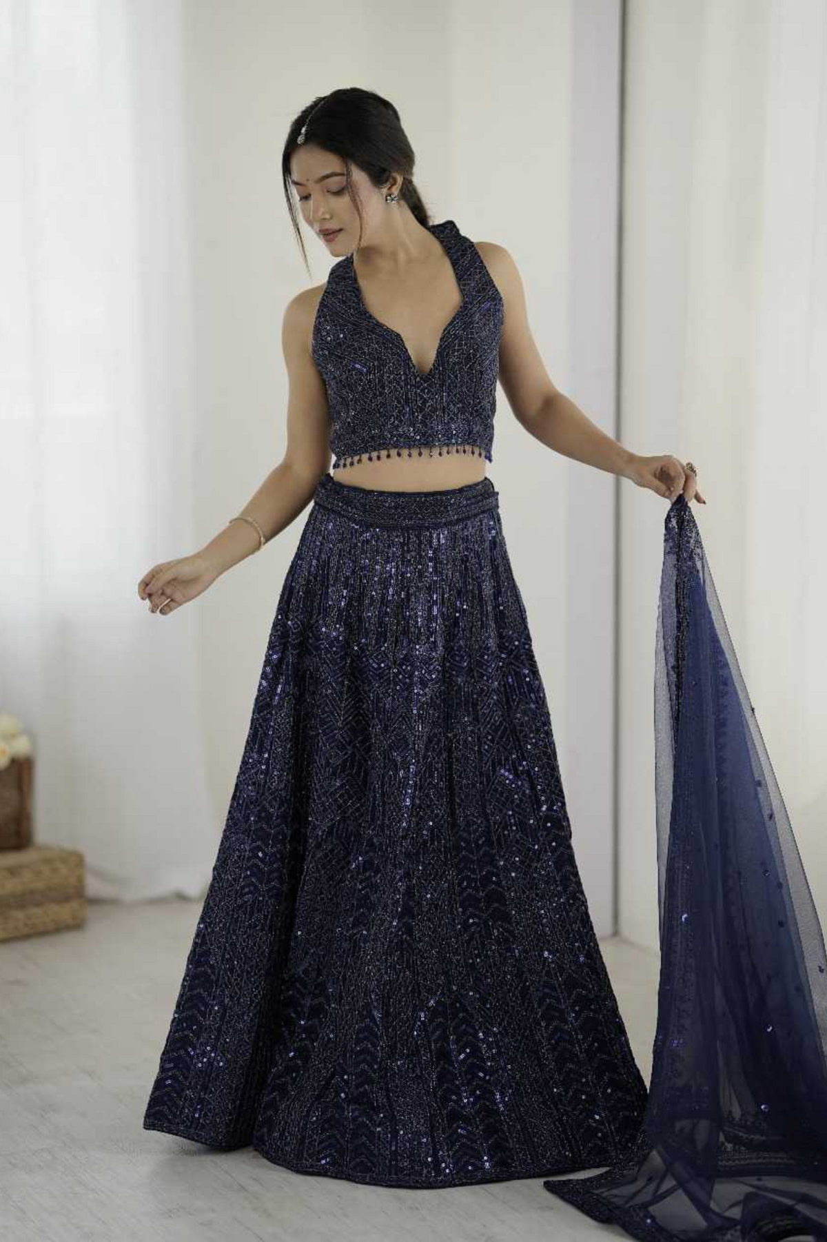 Navy Blue Sequin Embroidered Net Lehenga Choli with Dupatta