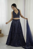 Navy Blue Sequin Embroidered Net Lehenga Choli with Dupatta