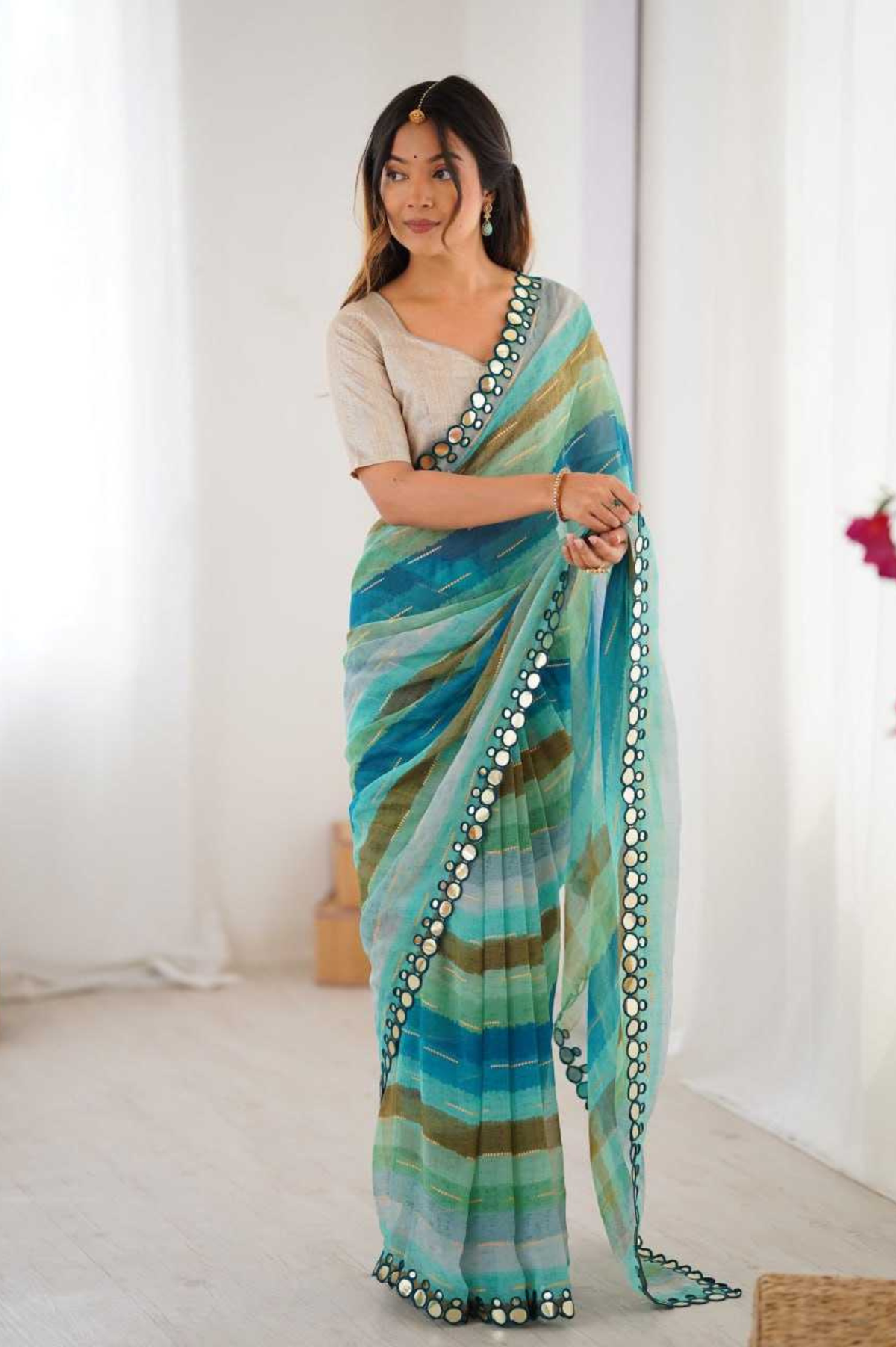 Sky Blue Heavy Smooth Marble Chiffon Leriya Print Saree with Zari Work & Mirror Border