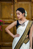 Soft Lichi Silk White Saree with Black & Golden Jacquard Border