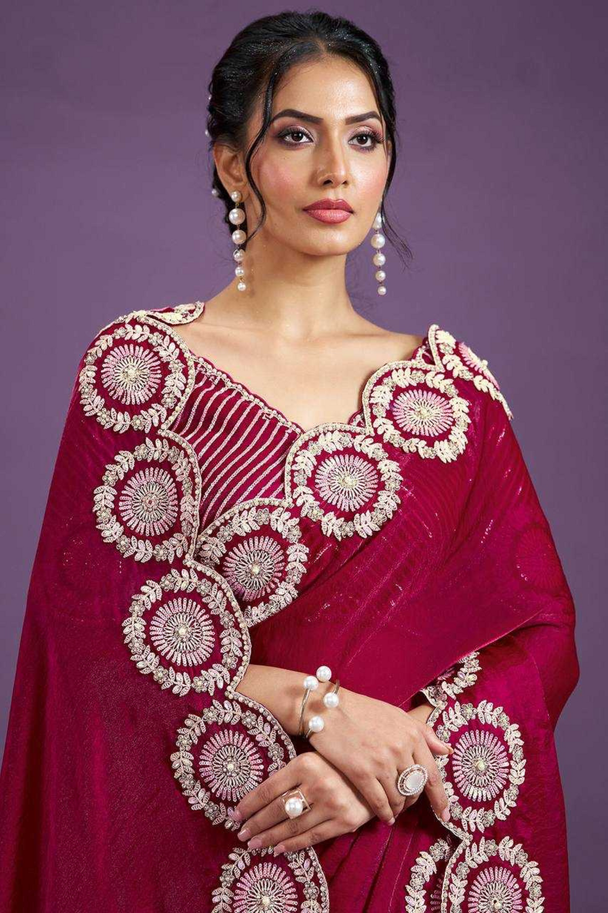 Premium Satin Embroidered Saree with Designer Arco Cut Work Border