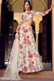 Elegant White Floral Printed Georgette Lehenga with Pearl Work Blouse & Georgette Dupatta