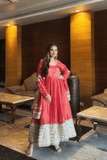 Peach Chinon Silk Anarkali Set with Pant & Lace Dupatta - kavyo.in