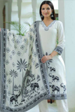 Royal Ivory – Pure Muslin Jacquard 3-Piece Suit Set with Temple & Elephant Art