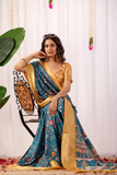 Soft Lichi Silk Saree with Tribal Art Print & Luxurious Gold Zari Border