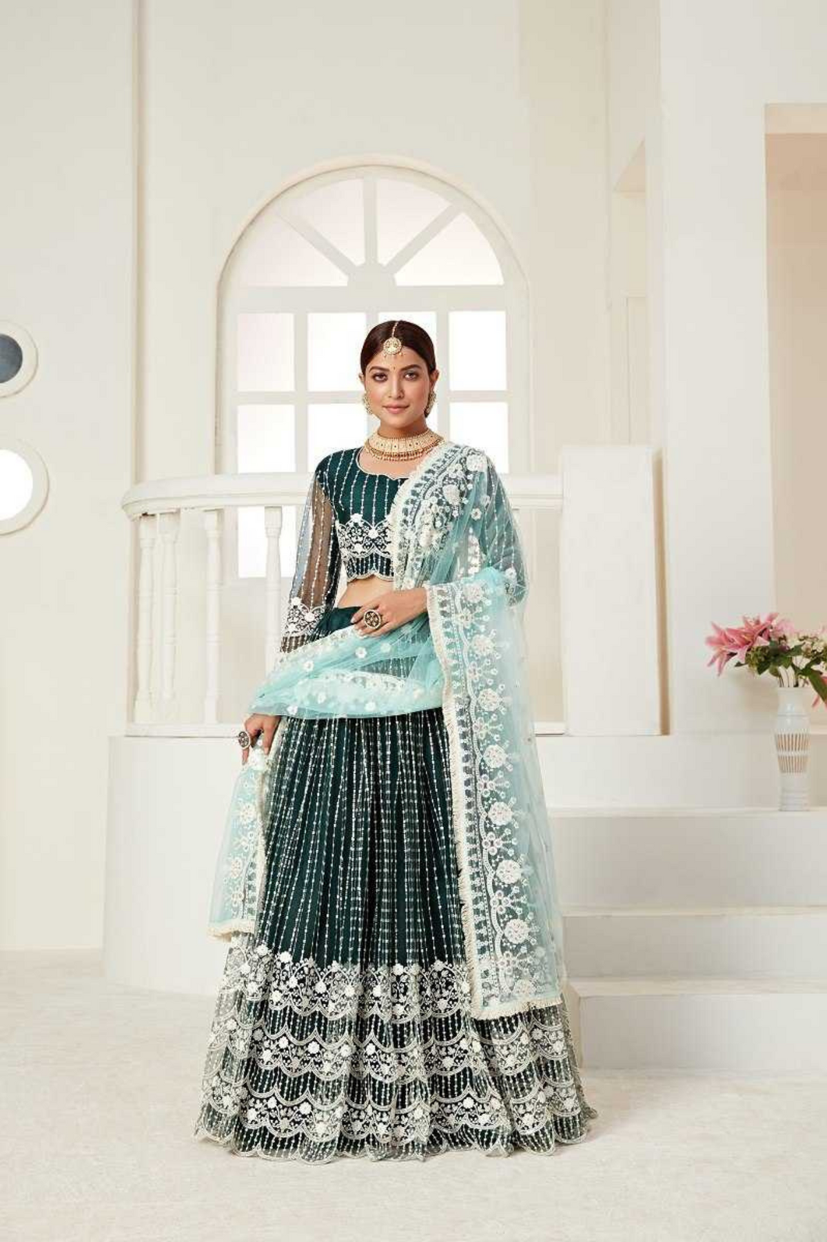 Green Net Multi and Sequence Work Butterfly Net Lehenga Choli & Dupatta Set