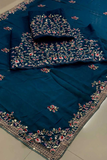 Premium Rangoli Silk Heavy Embroidered Saree – Teal Blue