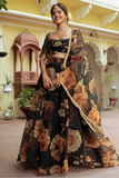 Black Floral Printed Net Lehenga Set with Dupatta