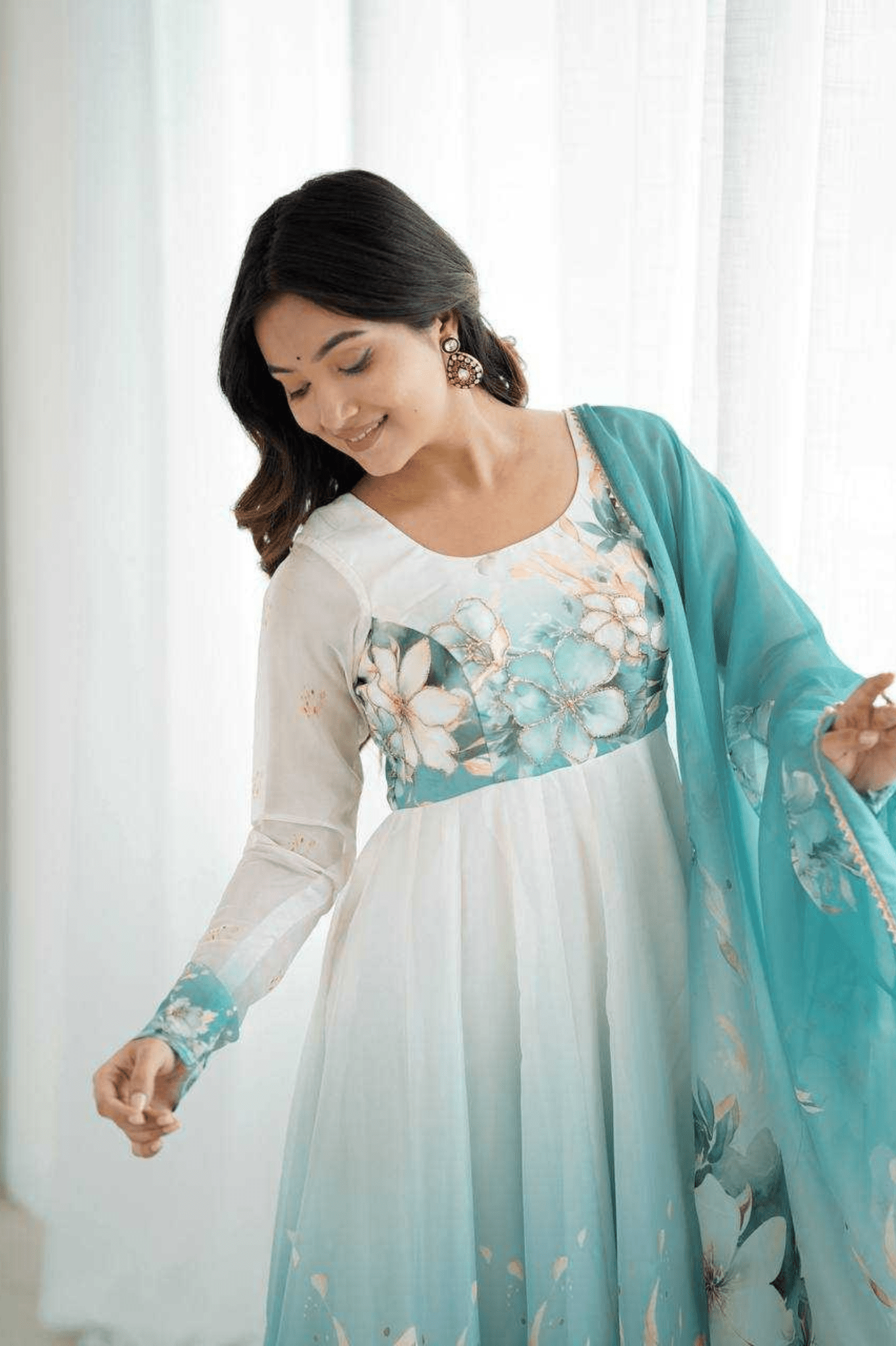 Pastel Aqua Organza Silk Handwork Anarkali Gown Set - kavyo.in