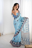 Sky Blue Chinnon Saree with Kutchi Mirror Lace Border