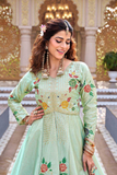 Peacock Floral Embroidered Satin Silk Anarkali Top with Vichitra Lehenga Set