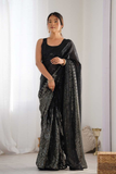Black Heavy Chinnon Saree with Mirror Lace and Print Detailing