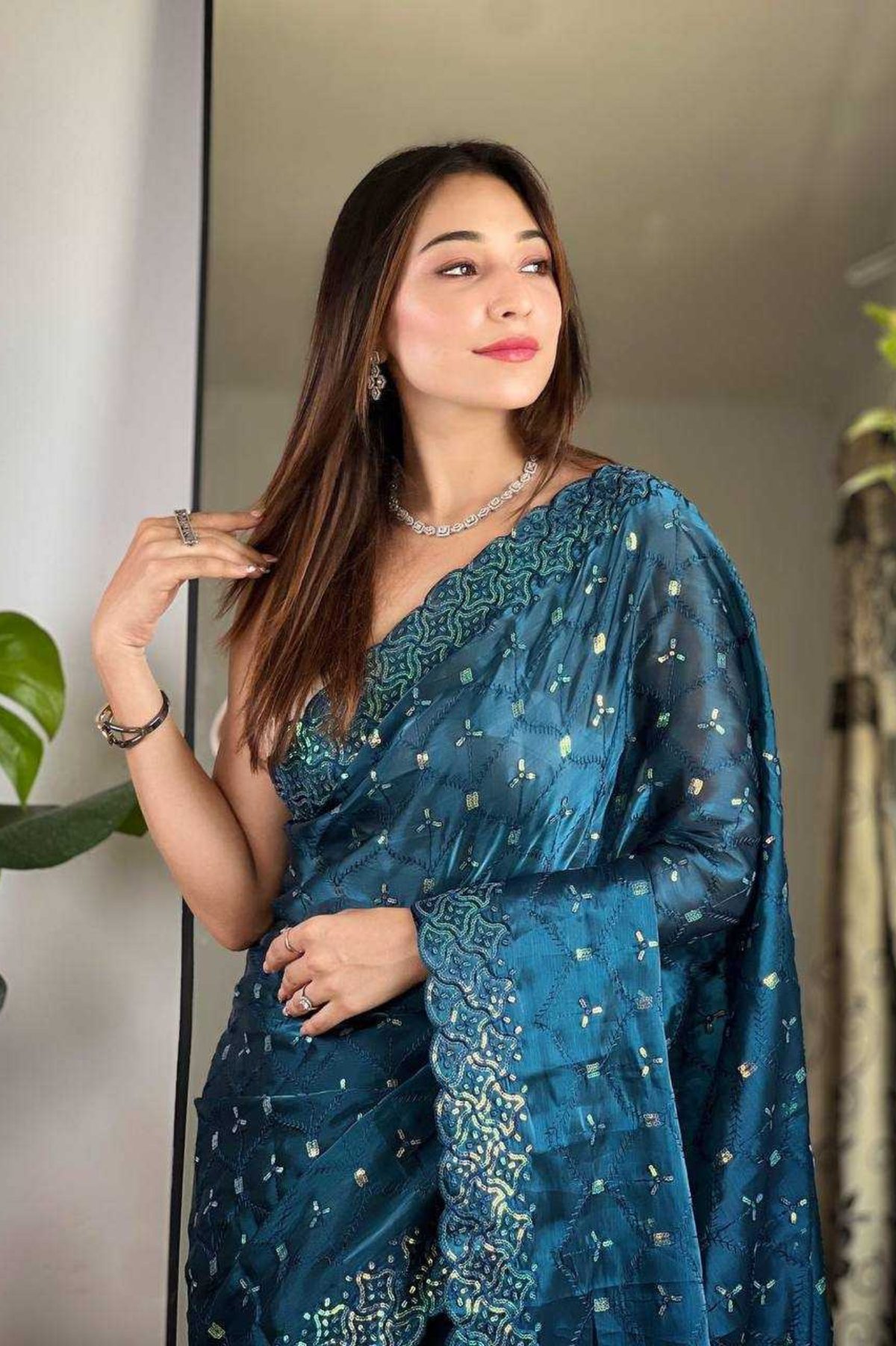 Navy Blue Soft Geemichu Silk Saree with Designer Embroidered Cutwork Border